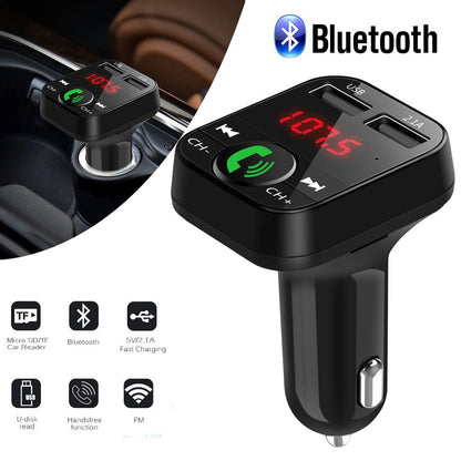 FM transmitter car charger receiver plugged into a car power outlet, showing its compact black design and display