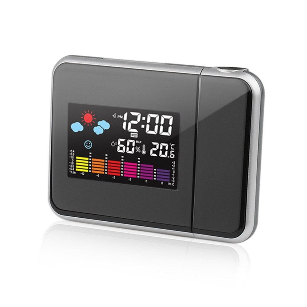 Black digital projection alarm clock with projected time display and LED screen