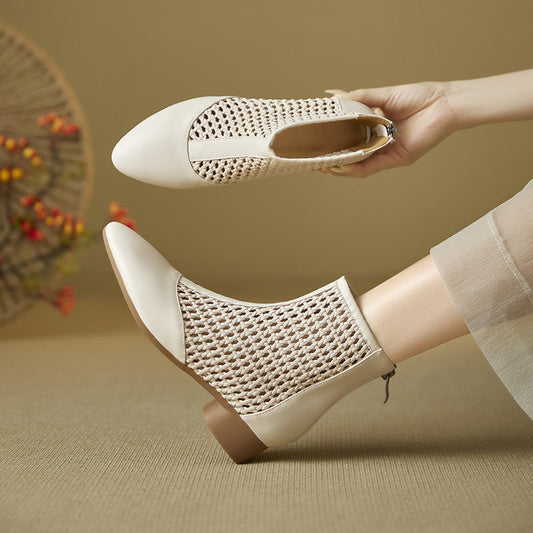 Retro-style minimalist cowhide low-heeled shoes with back zipper for women