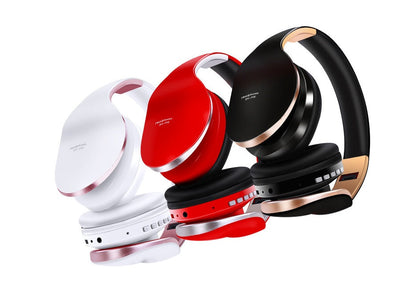 Black Bluetooth headset earphone with cushioned ear cups and adjustable headband