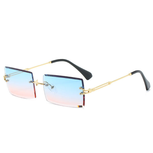 Rimless cut-edge square sunglasses with modern geometric frames and dark lenses