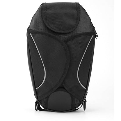 Black motorcycle riding bag with adjustable straps and compact storage compartments