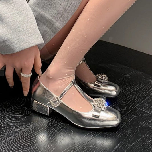 Women’s French-style T-shaped SenseT single shoe with rhinestones and Mary Jane shallow mouth design