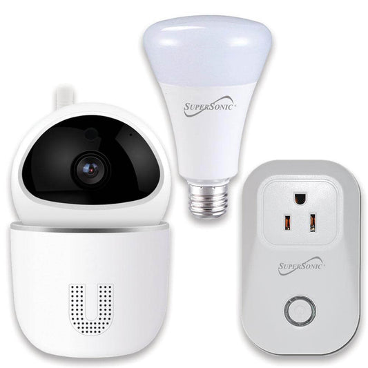 Supersonic smart home starter kit with WiFi, including HD camera, smart plug, and adjustable smart bulb for home automation.