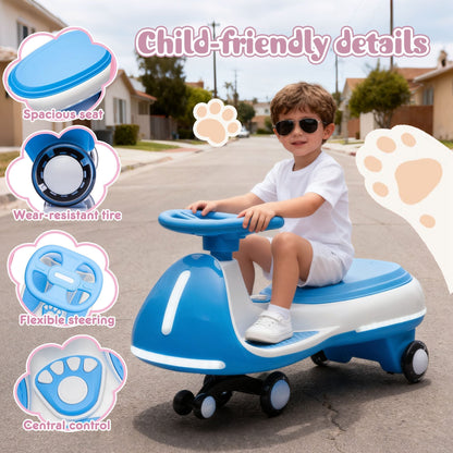 12V electric wiggle ride-on toy car with dual motors and LED lights, designed for kids, featuring a colorful, durable plastic body.