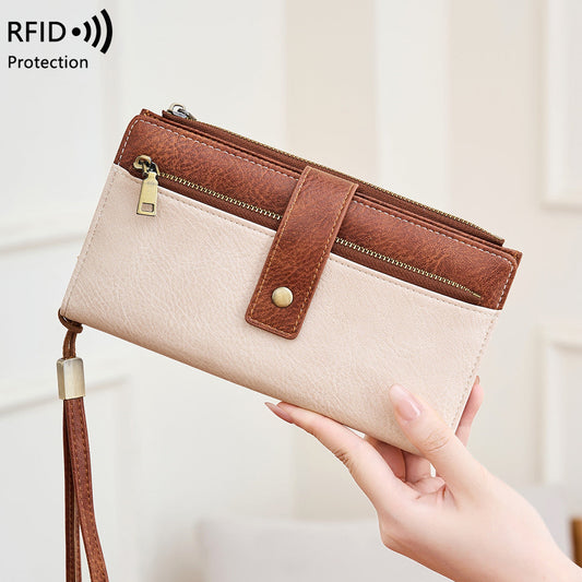 Anti-magnetic women's multi-card trifold long fashion wallet in a sleek rectangular design