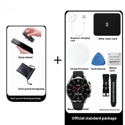 Smart phone watch with card slot and 4G all-network connectivity, featuring a compact black touchscreen design