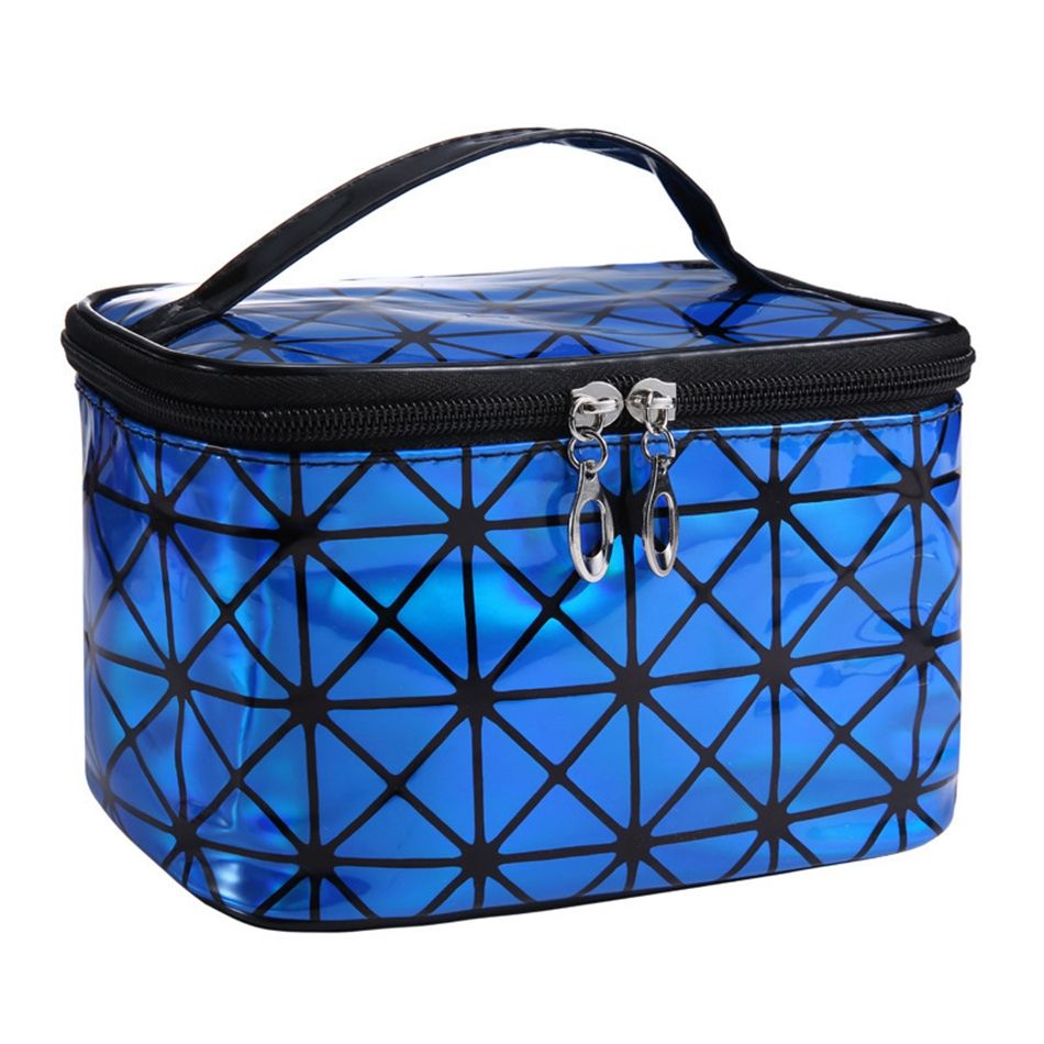 3D laser cosmetic bag with reflective holographic finish and zippered top view