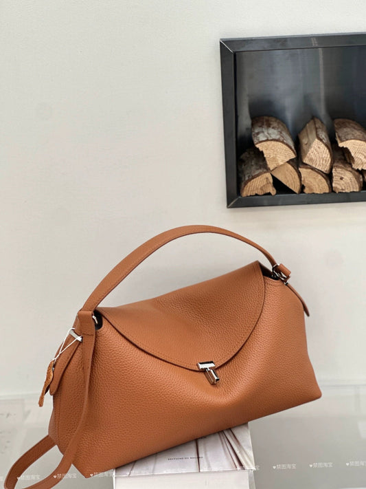 Genuine leather women's T-shaped lock shoulder and handbag, large-capacity top-layer cowhide underarm bag