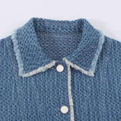 Long-sleeve lapel-collar cotton denim jacket in versatile blue design