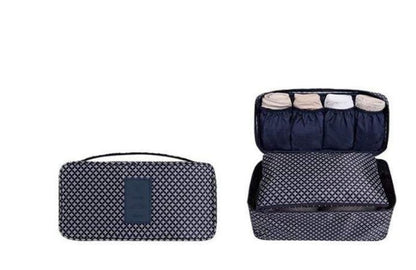 Travel underwear organizer bag with multiple compartments for neatly storing undergarments during trips