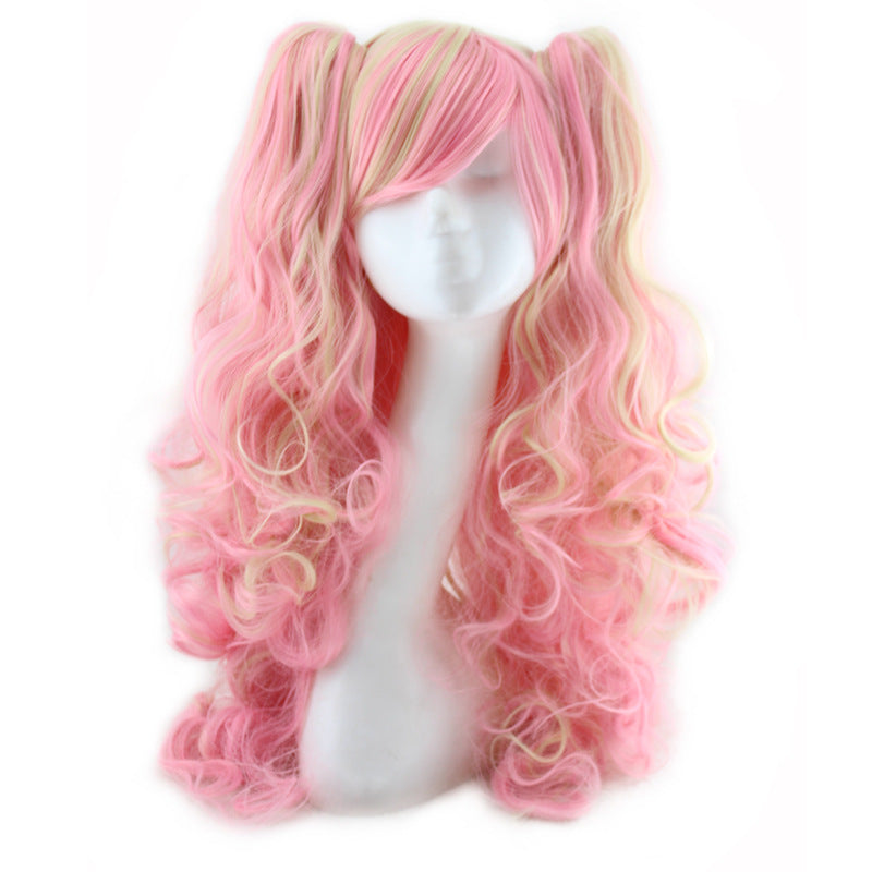 Colorful long curly wig in vibrant multicolor tones, styled with voluminous curls and cascading length