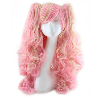 Colorful long curly wig in vibrant multicolor tones, styled with voluminous curls and cascading length