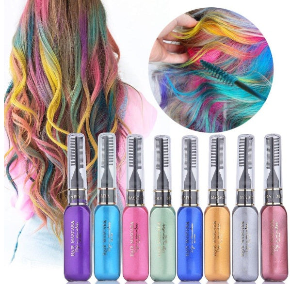 Temporary hair dye mascara wand with colorful tint for quick, precise hair color application