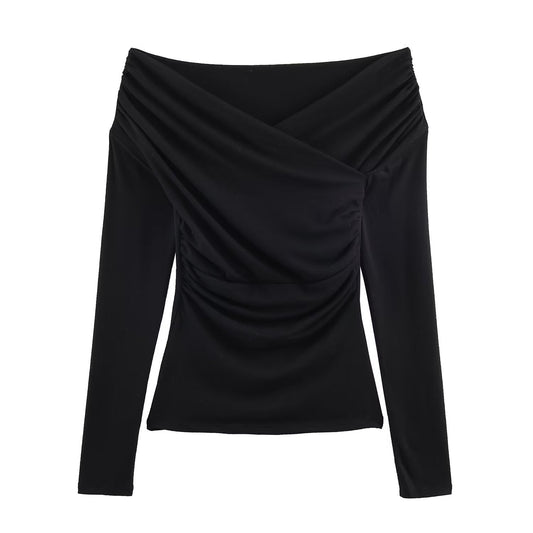 Women's fashionable double-pleated collar pleated T-shirt top, front view