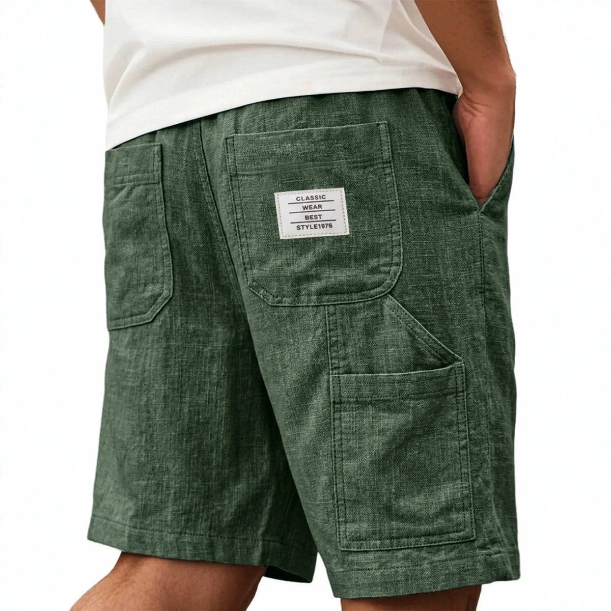 Men's solid-color bamboo-texture linen multi-pocket shorts flat lay