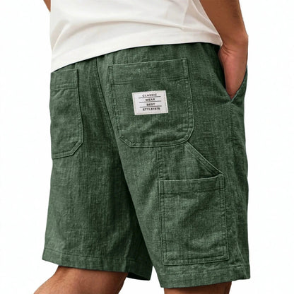 Men's solid-color bamboo-texture linen multi-pocket shorts flat lay