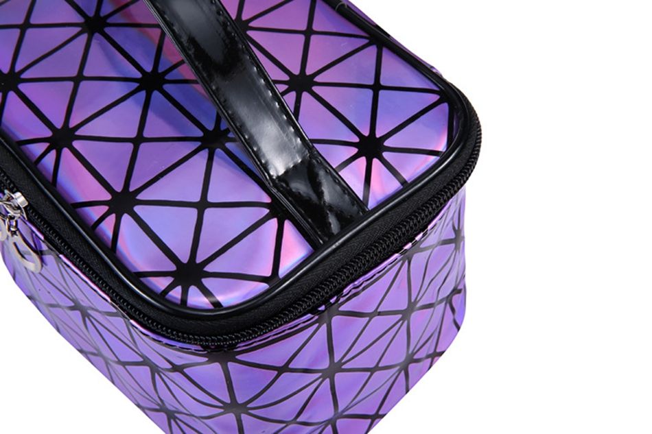 3D laser cosmetic bag with shimmering holographic finish and structured zippered design
