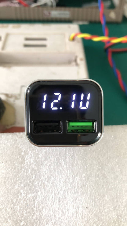 My Store car charger with digital display plugged into a vehicle power outlet