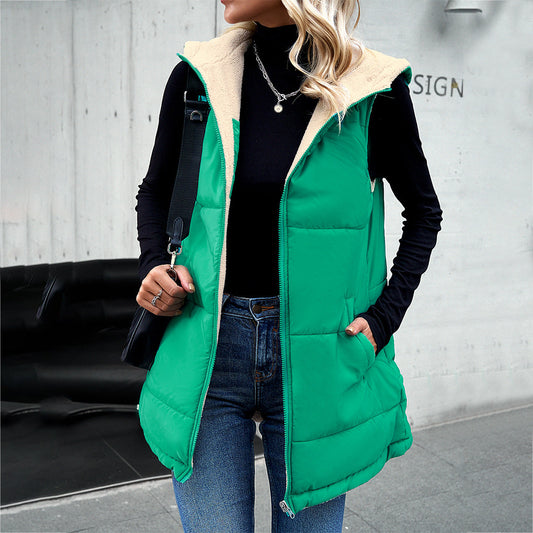 Women’s mid-length hooded cotton winter vest with pockets, zipper, and fluffy warm lining