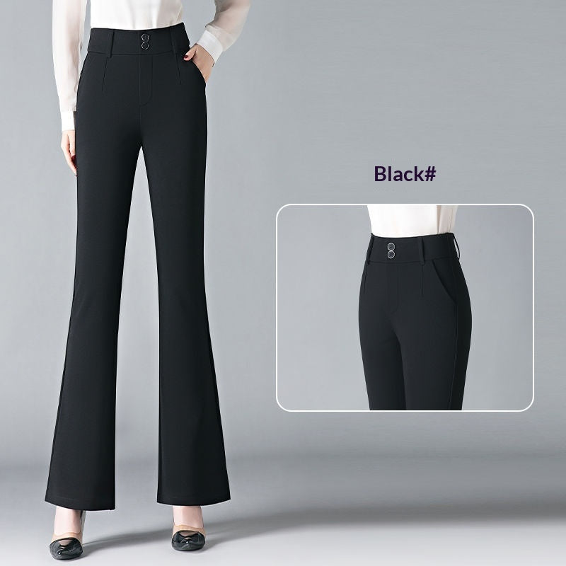Women's casual high-waisted bootcut pants, visible front view in a solid color