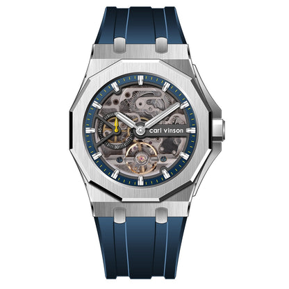 Fully automatic luminous hollow mechanical alloy watch with silicone strap