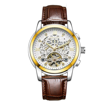 Men's large-rotor skeleton automatic mechanical watch with an open-worked dial and visible movement