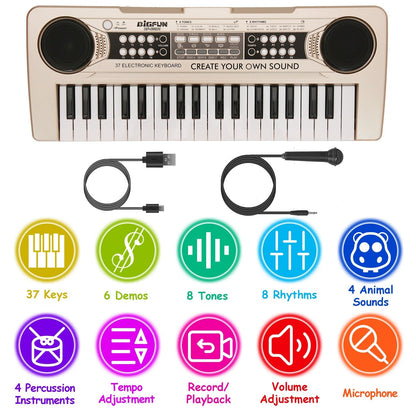 GBruno 37-key digital electronic keyboard and electric piano with microphone, suitable for kids aged 3-10, colorful music instrument.