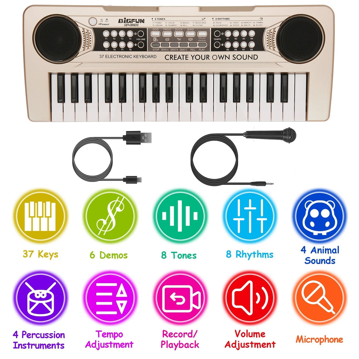 GBruno Store 37-key digital electronic keyboard and electric piano with microphone, ideal for kids ages 3-10, colorful learning musical instrument.