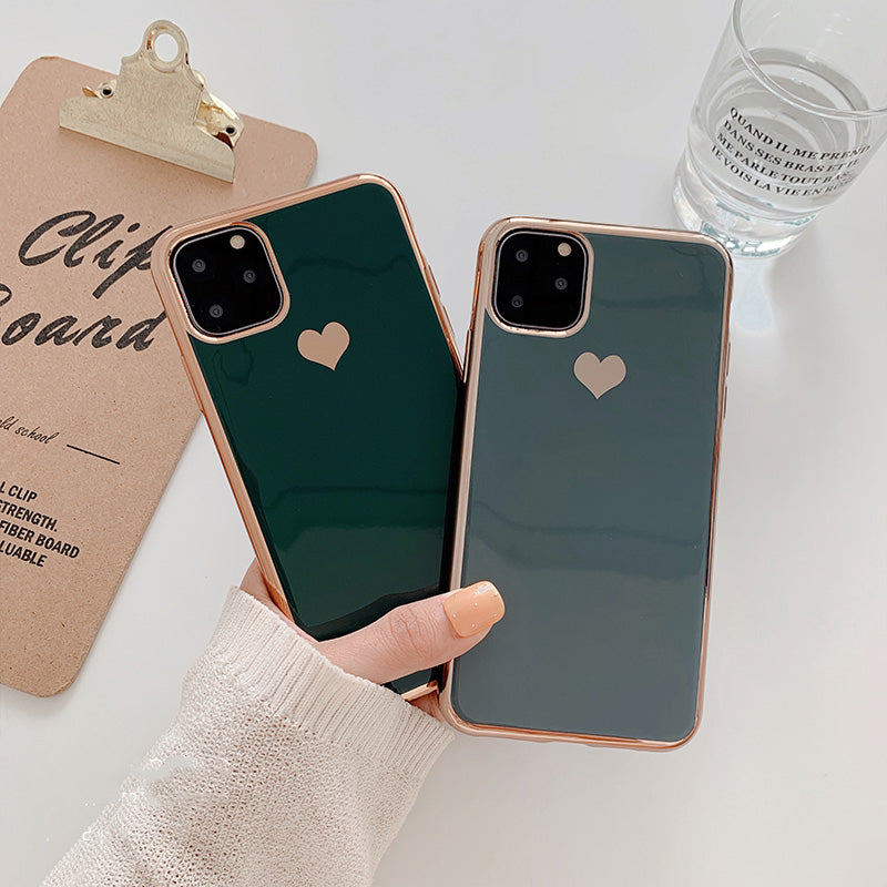 Luxury plating love phone case with glossy metallic finish and heart design, shown on a smartphone