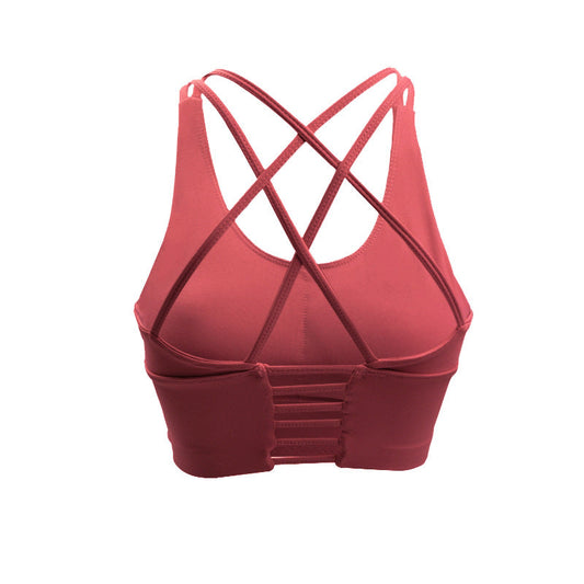 Yoga vest-style fitness bra in black, front view.