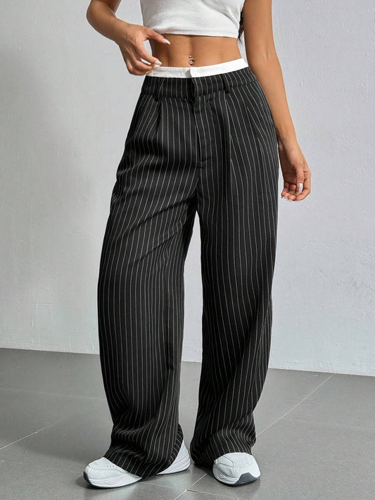 Women's high-waist striped straight-leg suit pants with draped fabric, versatile work and casual style