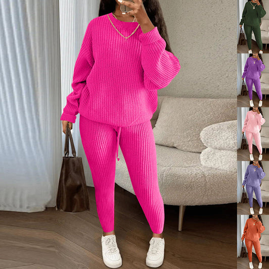 Women's winter ribbed knit pullover sweater and drawstring pants trouser set in a loose fit