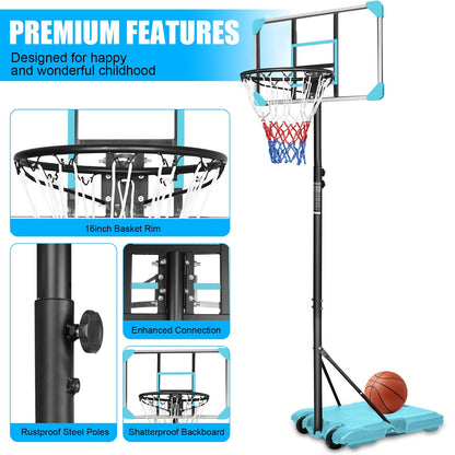 Kids basketball hoop by GBruno Store, adjustable height 5.6-7 feet with wheels, shown with a colorful basketball and hoop.
