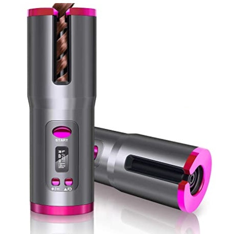 Wireless portable USB charging automatic curler in black, compact styling tool with digital display