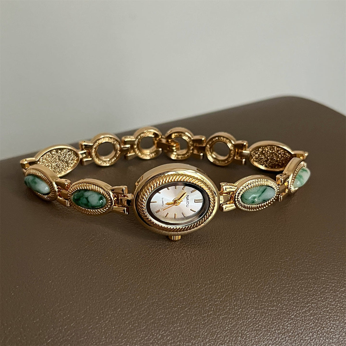 Women's agate bead bracelet watch with a round watch face and beaded strap