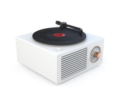 Retro vinyl wireless Bluetooth small sound speaker with vintage turntable-inspired design, front grille, and control knobs