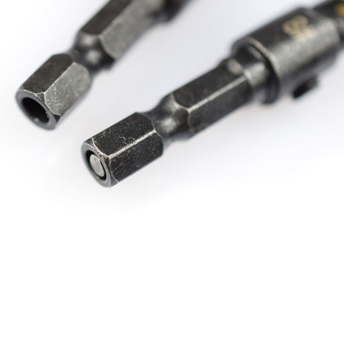 Five-piece titanium countersink drill set for woodworking, shown together in a compact holder