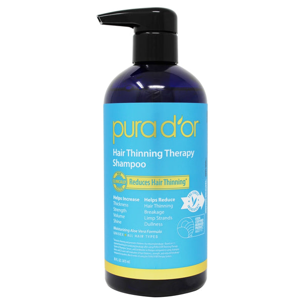 Pura D'or Hair Thinning Therapy Shampoo bottle with label, natural ingredients, and pump dispenser on a white background.