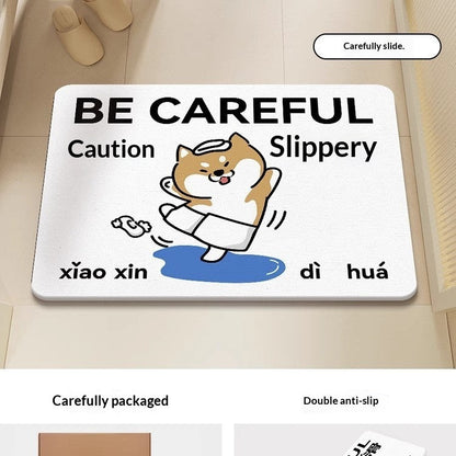 Quick-drying cartoon silica mud floor mat with playful illustrated design resists moisture beneath feet