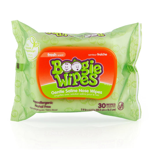 Boogie Wipes Gentle Saline Baby Nose Wipes with Fresh Scent, 30 Count, natural saline for mucus and congestion relief.
