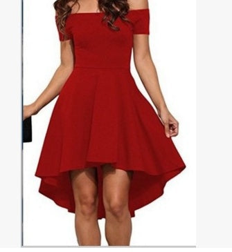 One-shoulder short-sleeve dress with a large swallowtail skirt, shown in a flowing asymmetrical silhouette