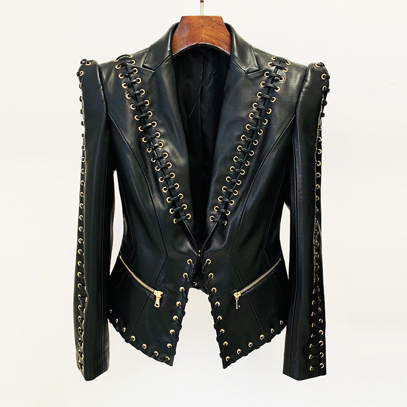Fashion Heavy Industry eyelet rope slim-fit leather coat suit jacket in black with lace-up detailing
