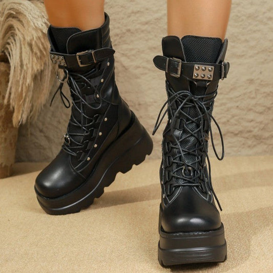 Plus-size dark edgy punk platform fashion boots with versatile styling in a bold lace-up design
