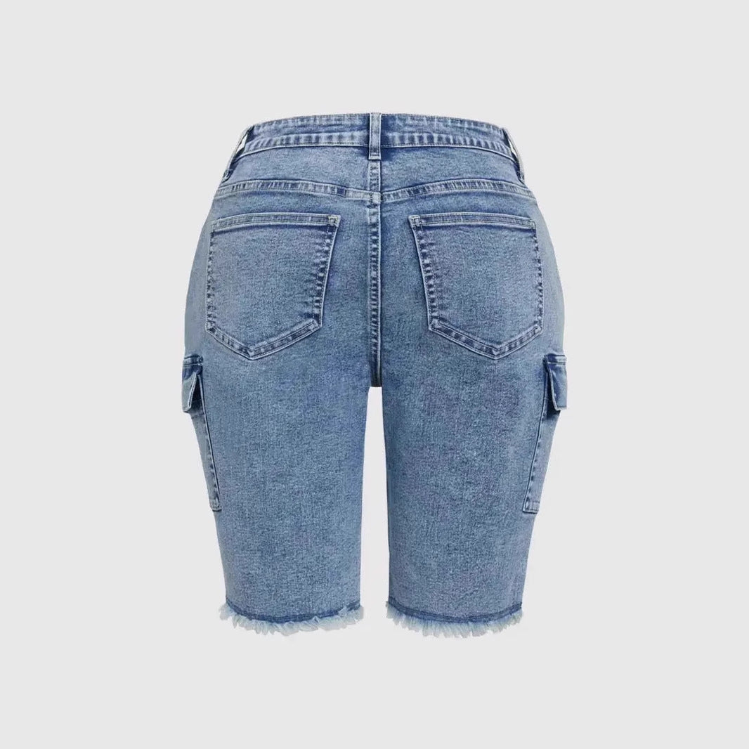Stretch-washed high-rise denim shorts with side pockets and high stretch factor