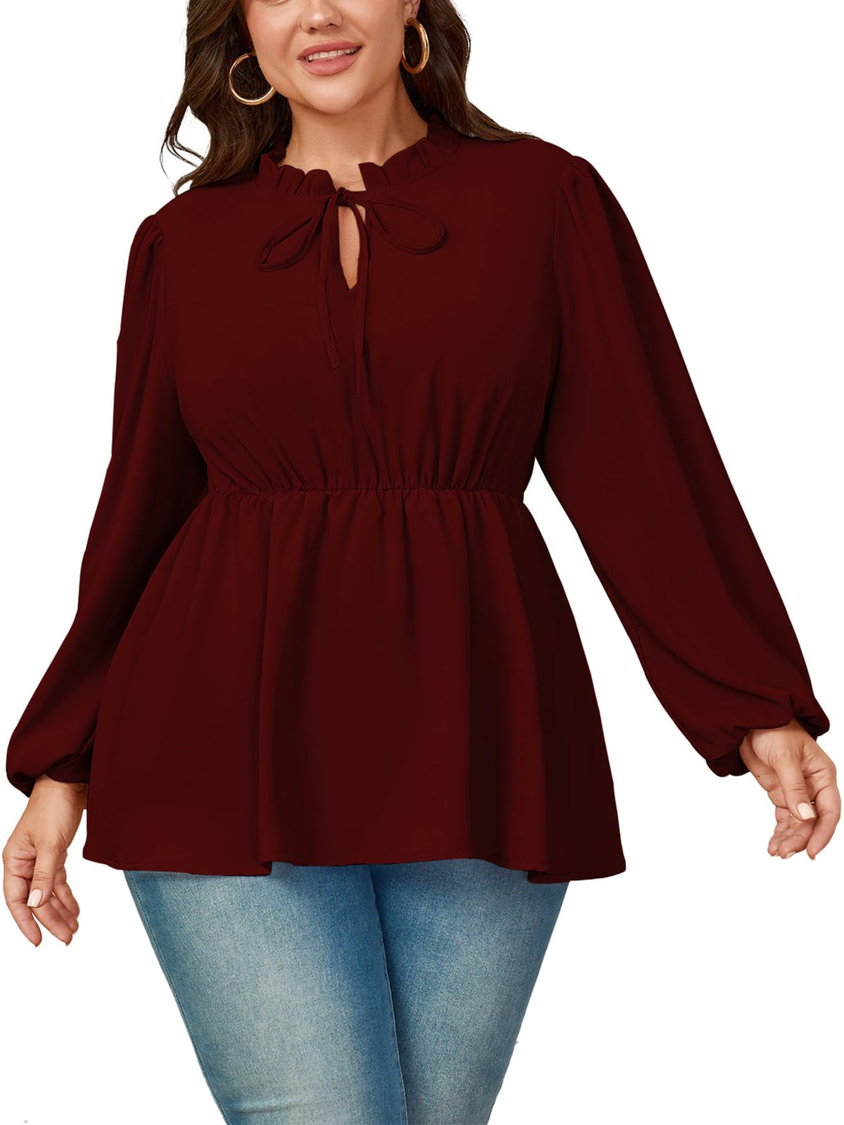 Plus size women's burgundy peplum blouse by BACKUPMYFILESNOW®, featuring a fitted bodice and stylish peplum hem.
