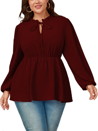 Plus size women's burgundy peplum blouse by BACKUPMYFILESNOW®, featuring a fitted bodice and stylish peplum hem.