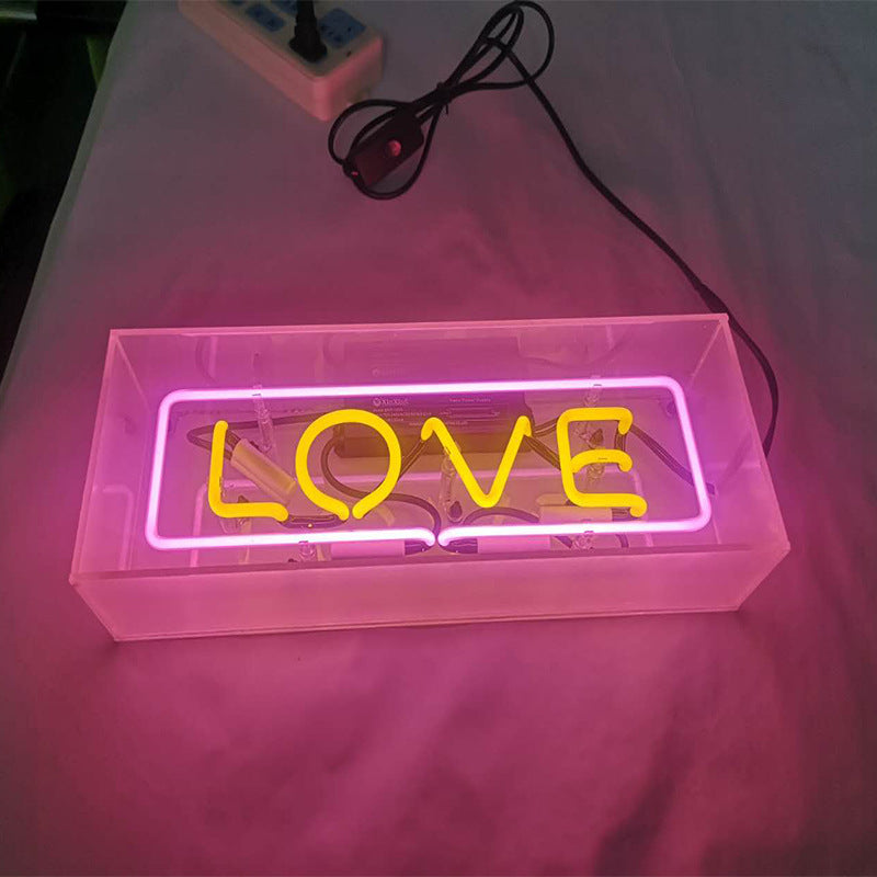 Neon sign acrylic glass light box with glowing LED lettering and clear frame – Type 7