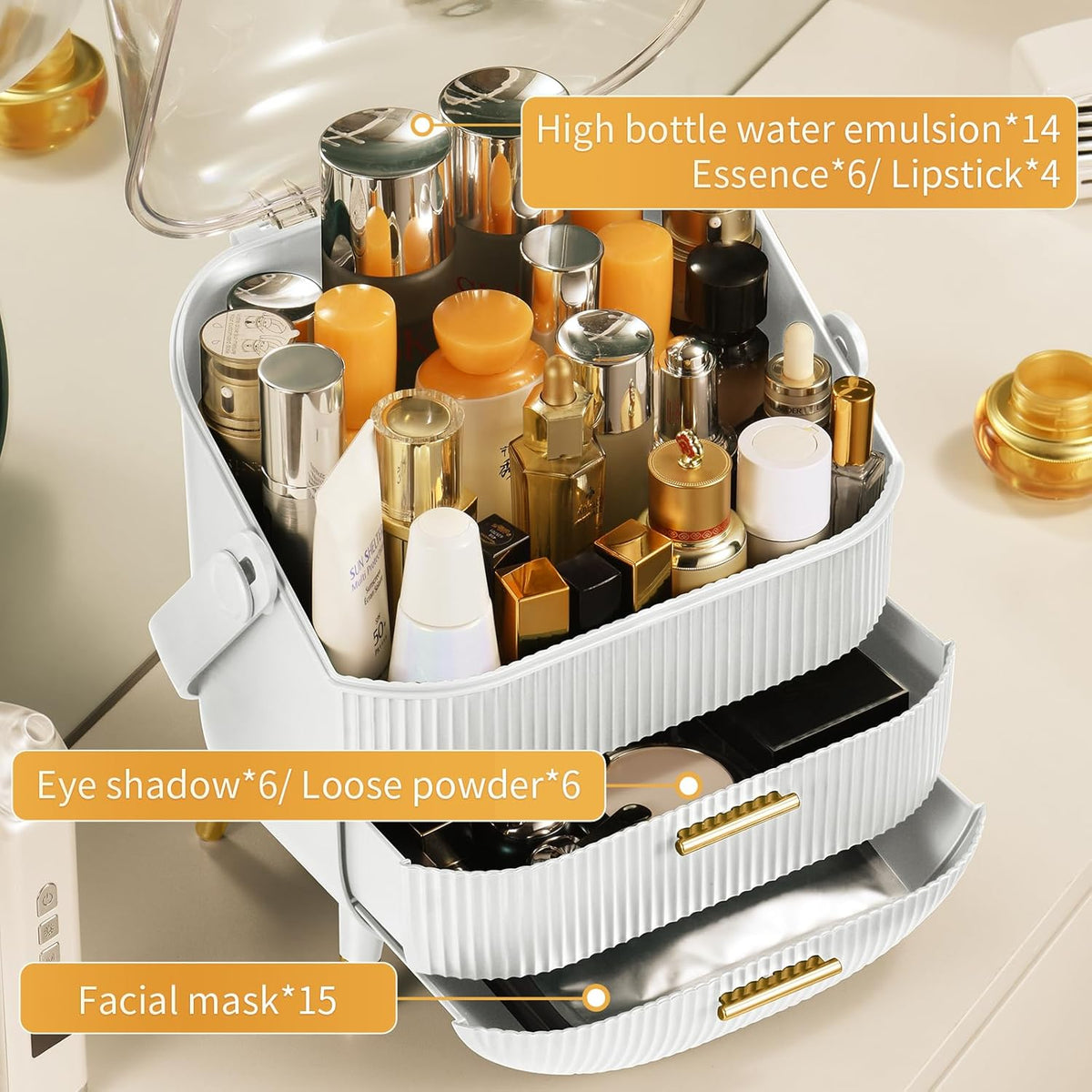 Makeup and skincare organizer with 2 drawers and transparent cover for vanity or bathroom countertop storage