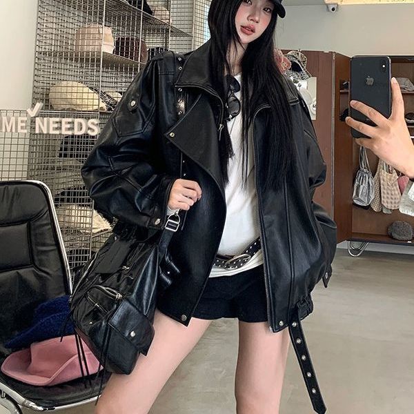 Women's loose retro biker leather jacket in black, My Store all-match style